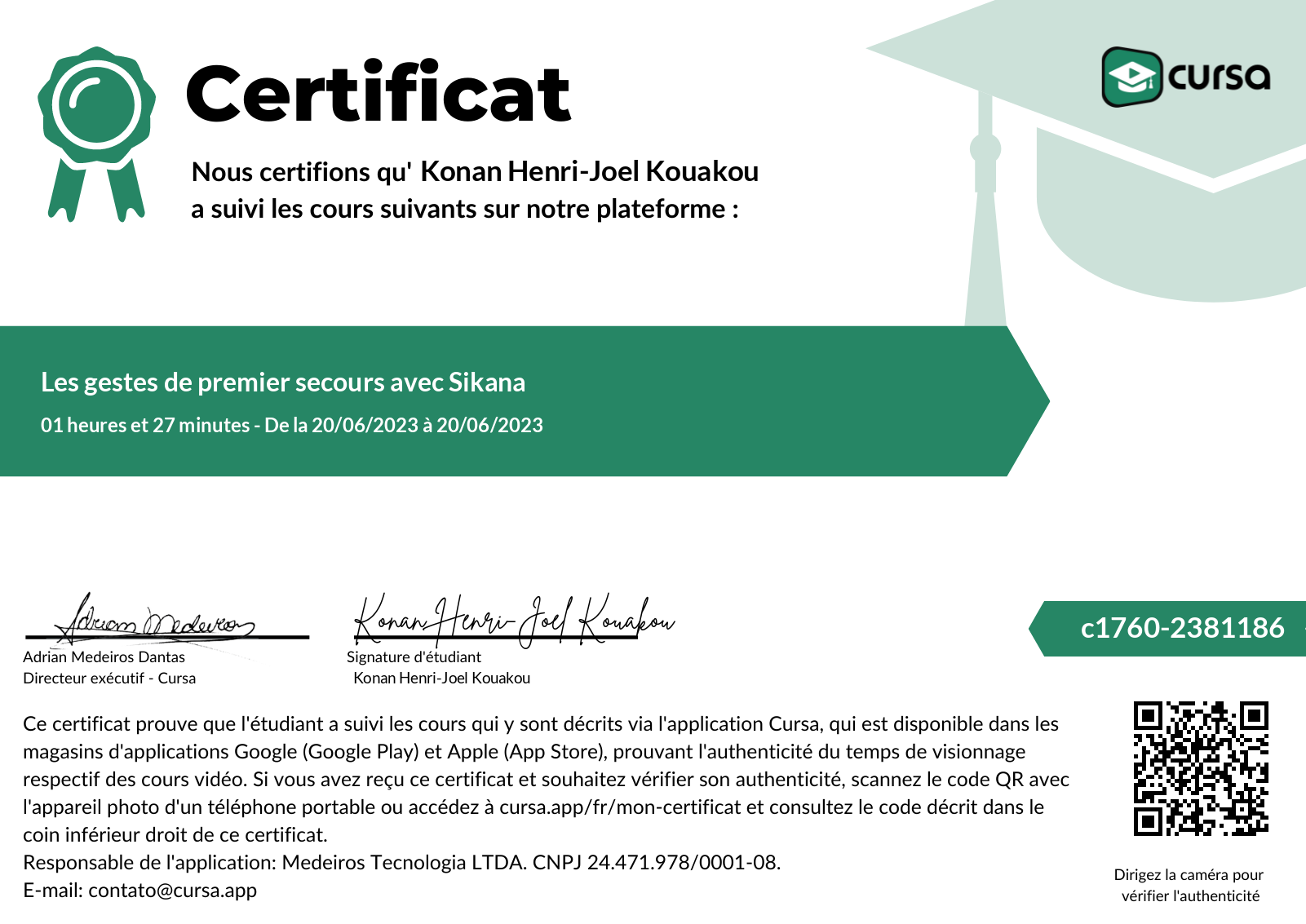 Image de mon certificat de fin de cours gratuit.