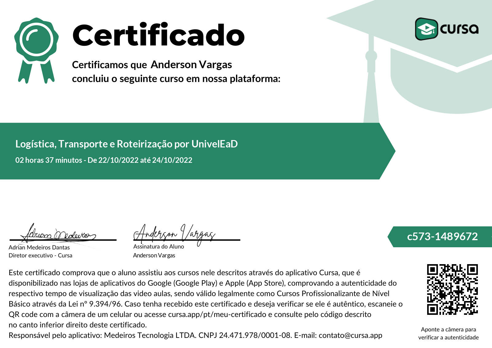 Imagem do meu Certificado gratuito de conclusão de curso.