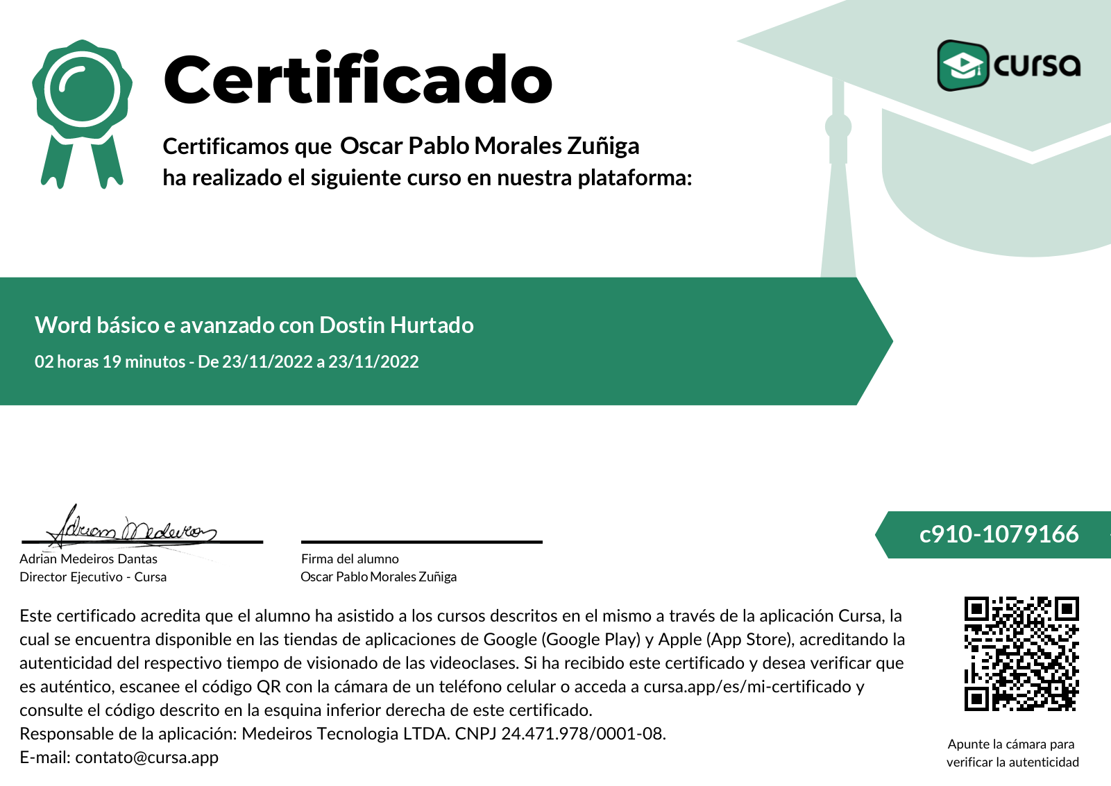 Imagen de mi Certificado de finalización del curso gratuito.