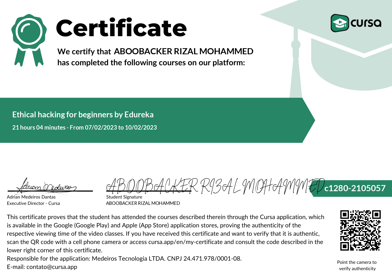 Image of my free Course Completion Certificate.