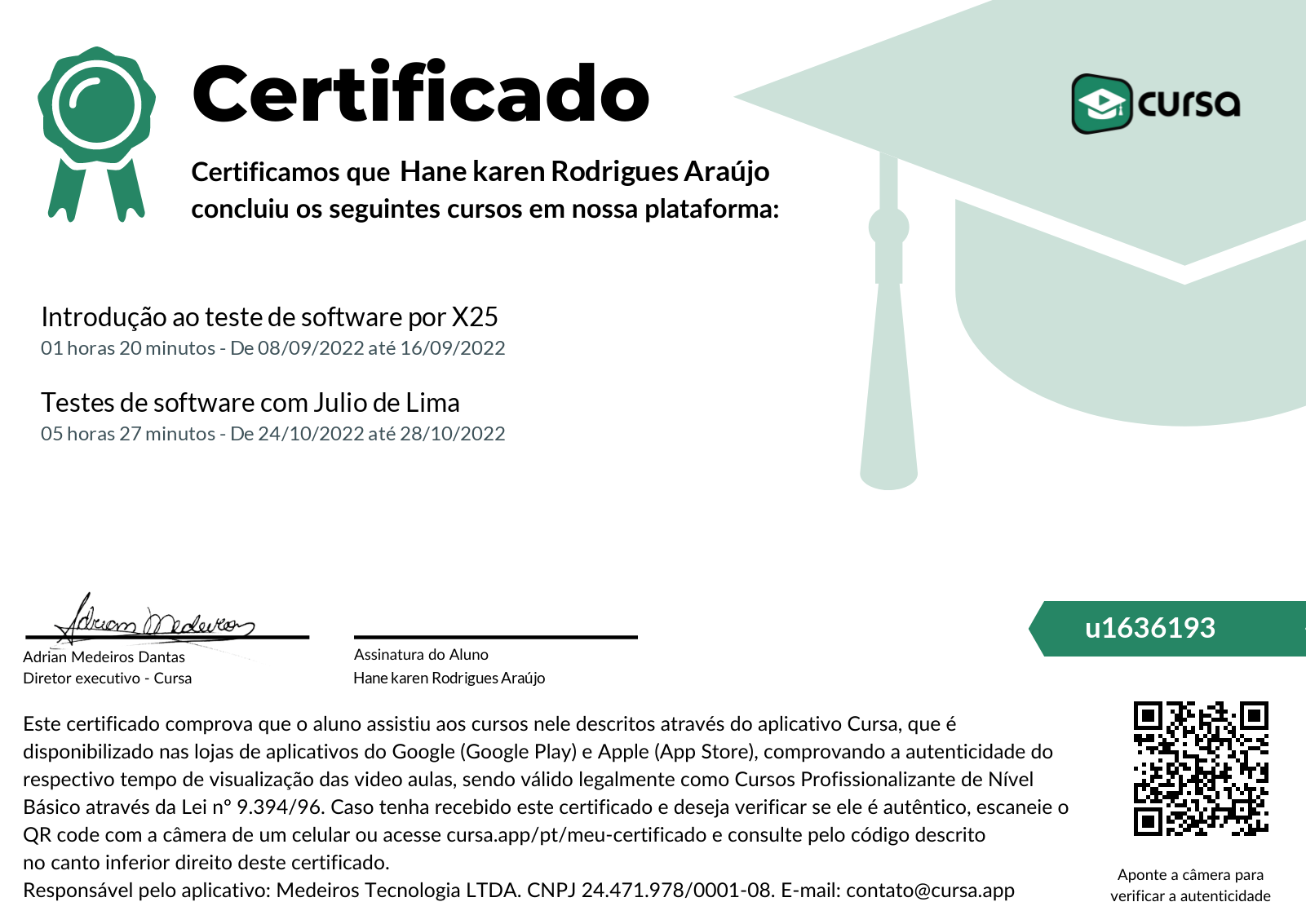 Imagem do meu Certificado gratuito de conclusão de curso.