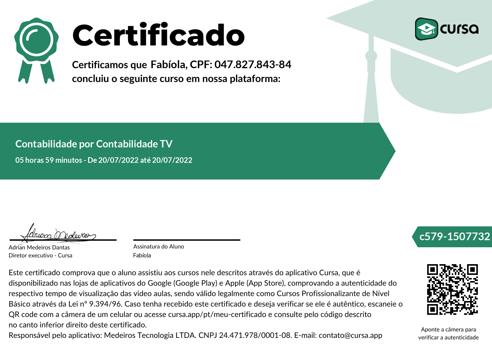 Imagem do meu Certificado gratuito de conclusão de curso.
