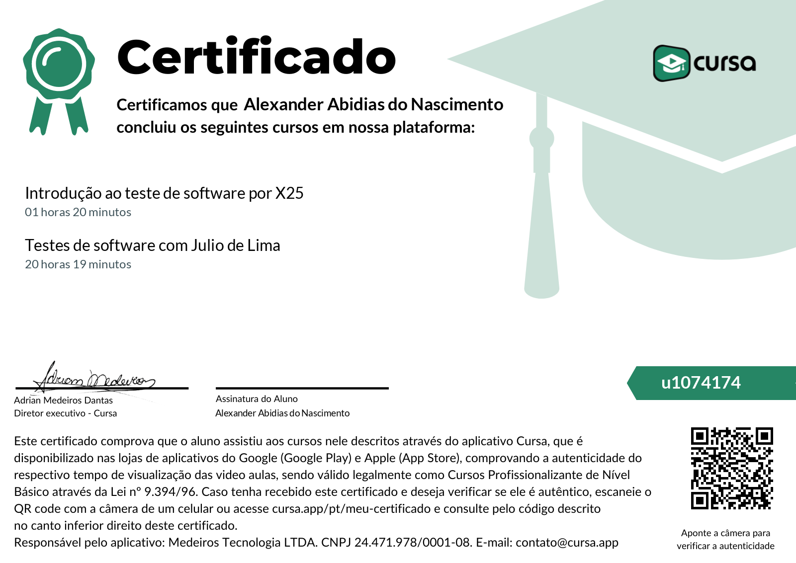 Imagem do meu Certificado gratuito de conclusão de curso.