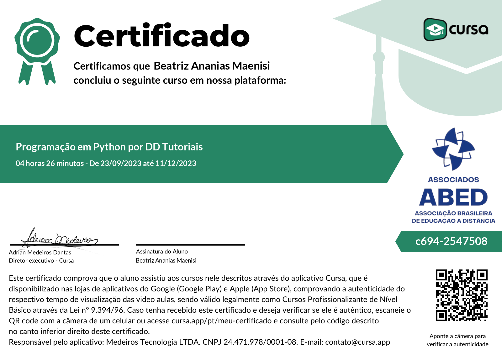 Imagem do meu Certificado gratuito de conclusão de curso.