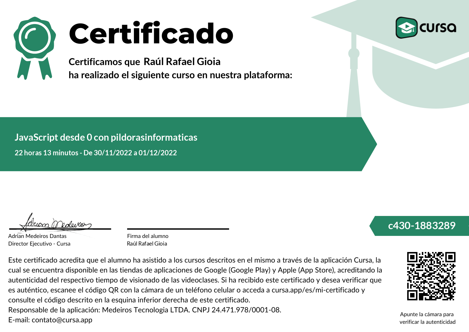 Imagen de mi Certificado de finalización del curso gratuito.
