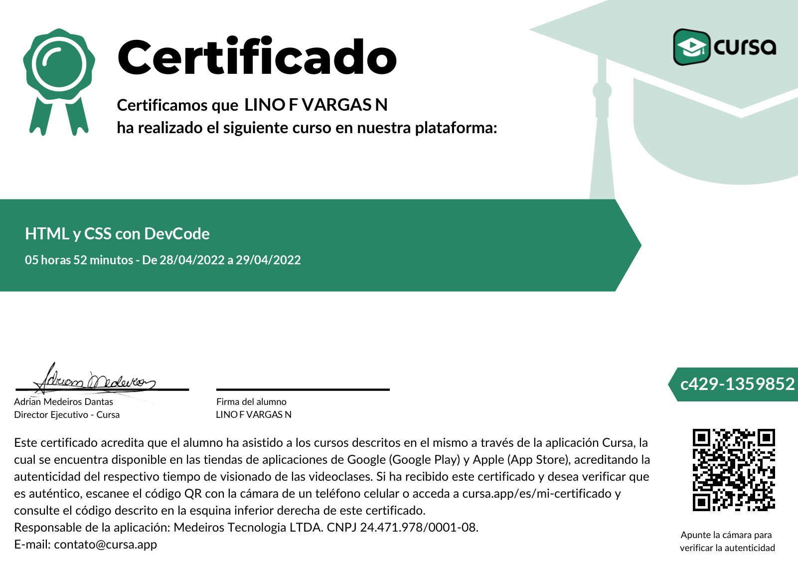 Imagen de mi Certificado de finalización del curso gratuito.
