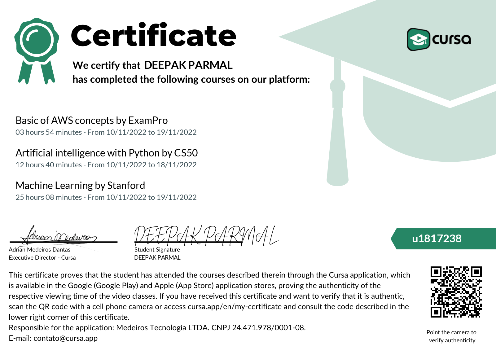 Image of my free Course Completion Certificate.