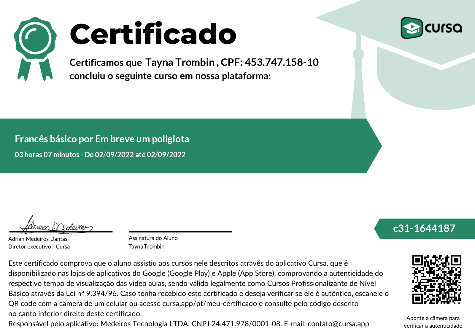 Imagem do meu Certificado gratuito de conclusão de curso.