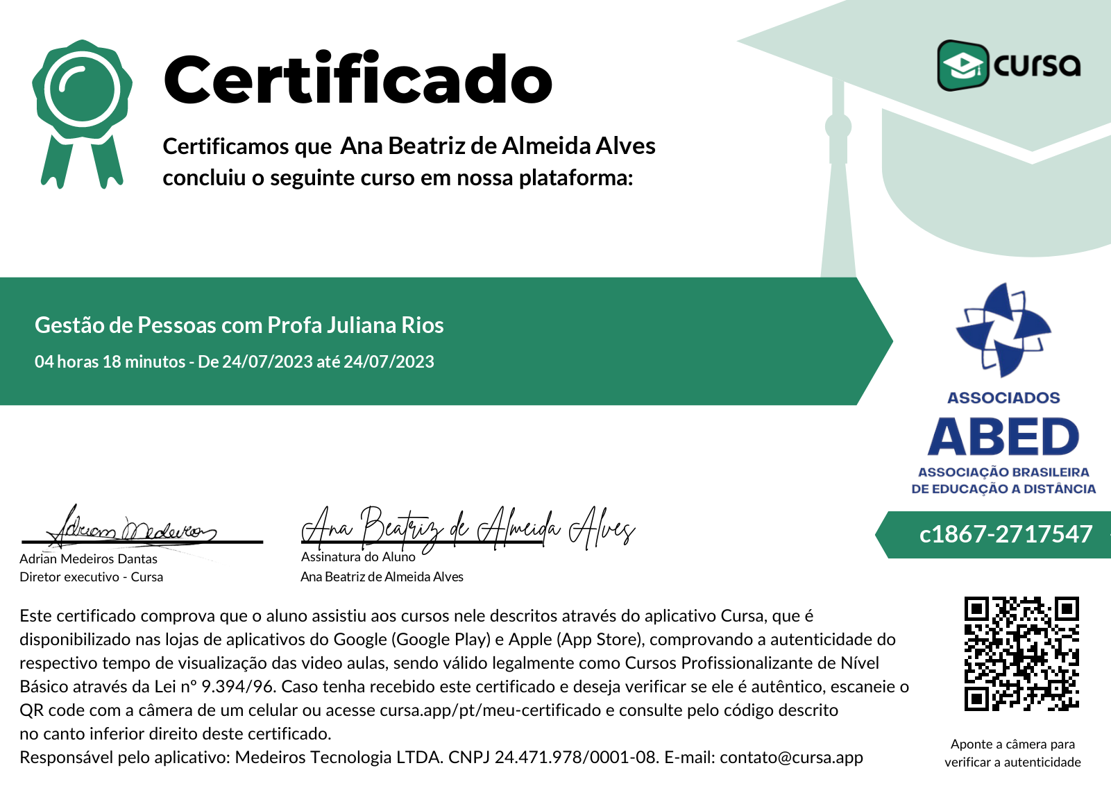 Imagem do meu Certificado gratuito de conclusão de curso.
