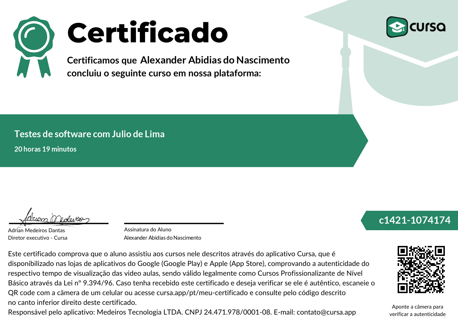 Imagem do meu Certificado gratuito de conclusão de curso.