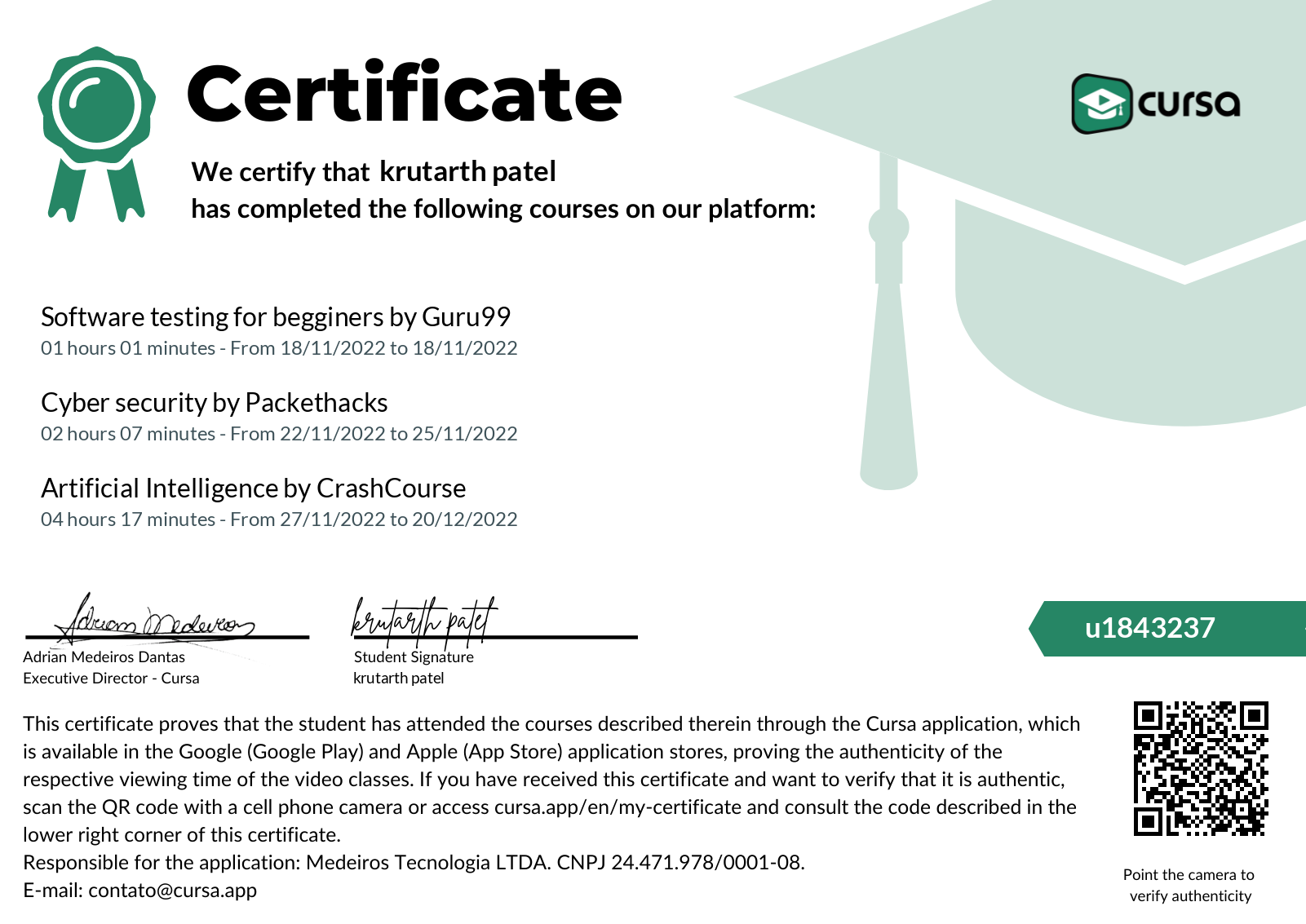 Image of my free Course Completion Certificate.