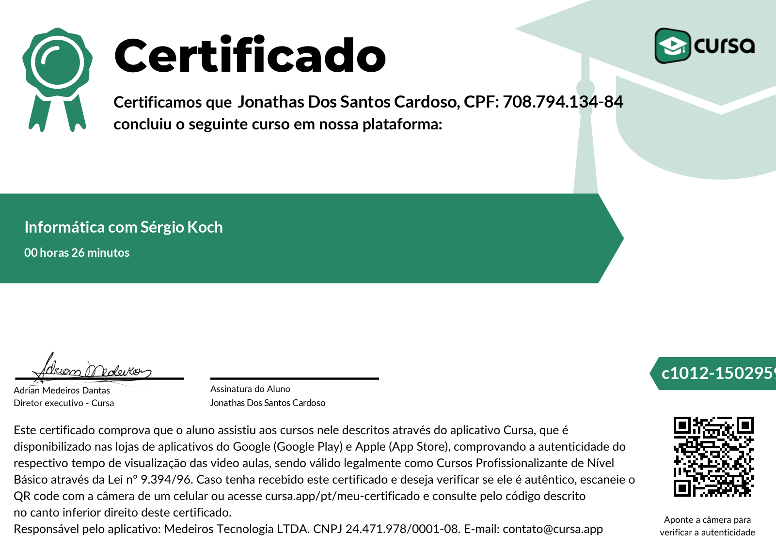 Imagem do meu Certificado gratuito de conclusão de curso.