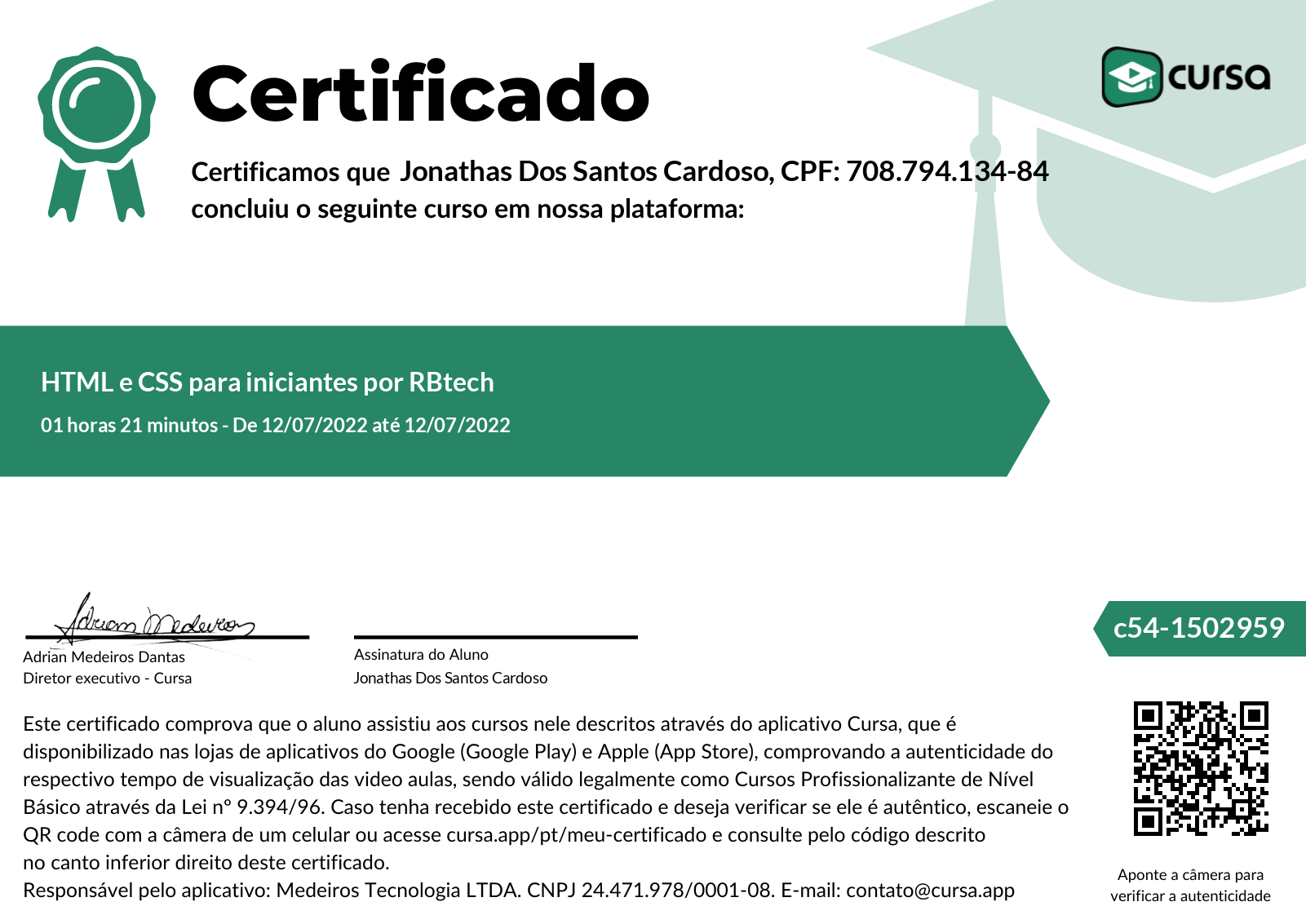 Imagem do meu Certificado gratuito de conclusão de curso.