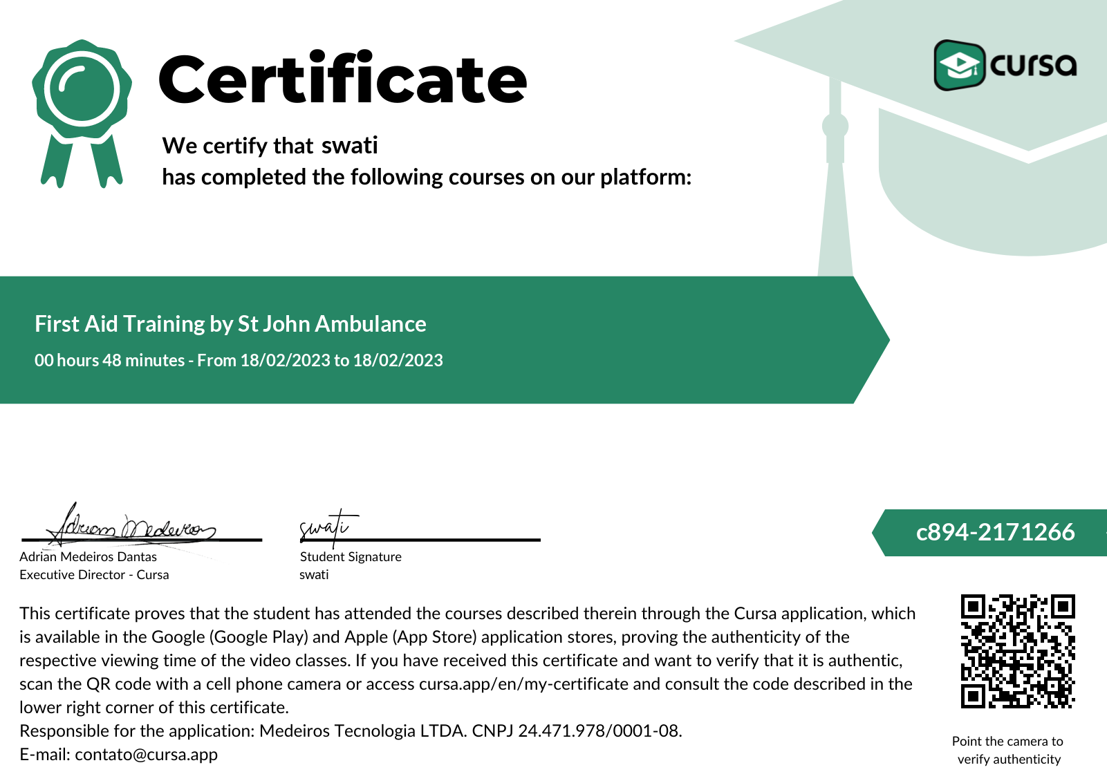 My certificate on Cursa Cursa Free Online Courses with Free