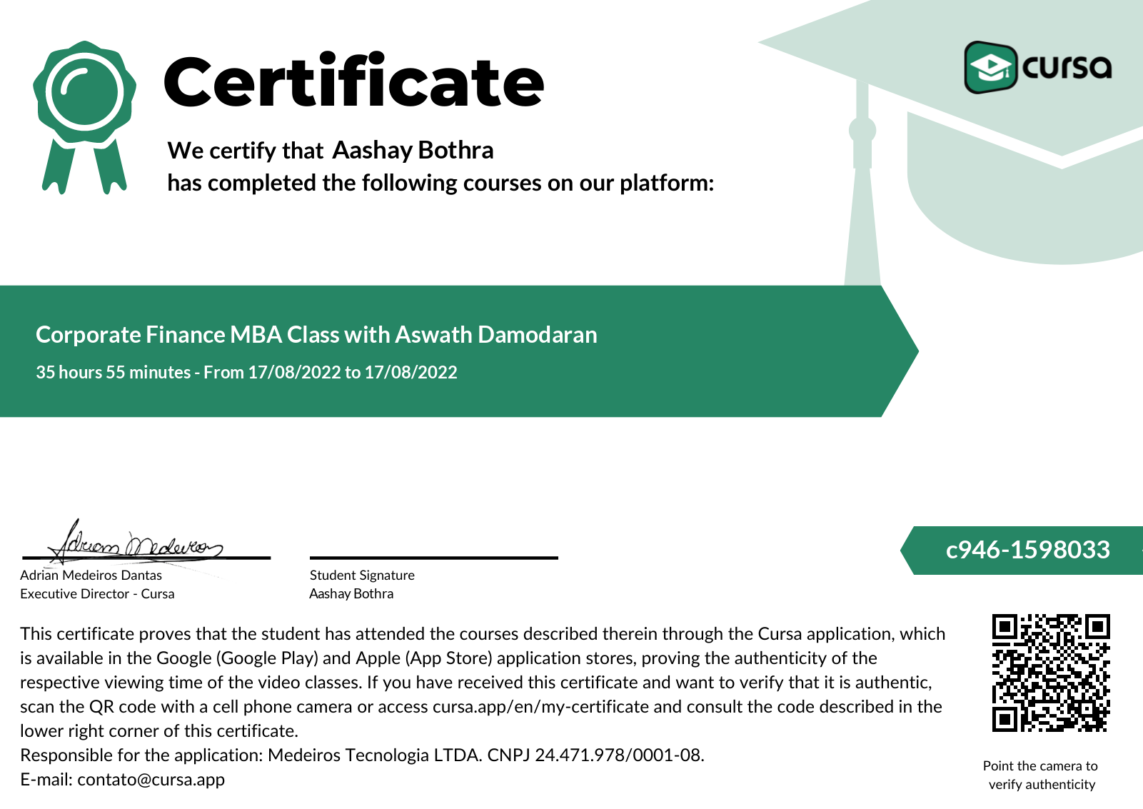 Image of my free Course Completion Certificate.