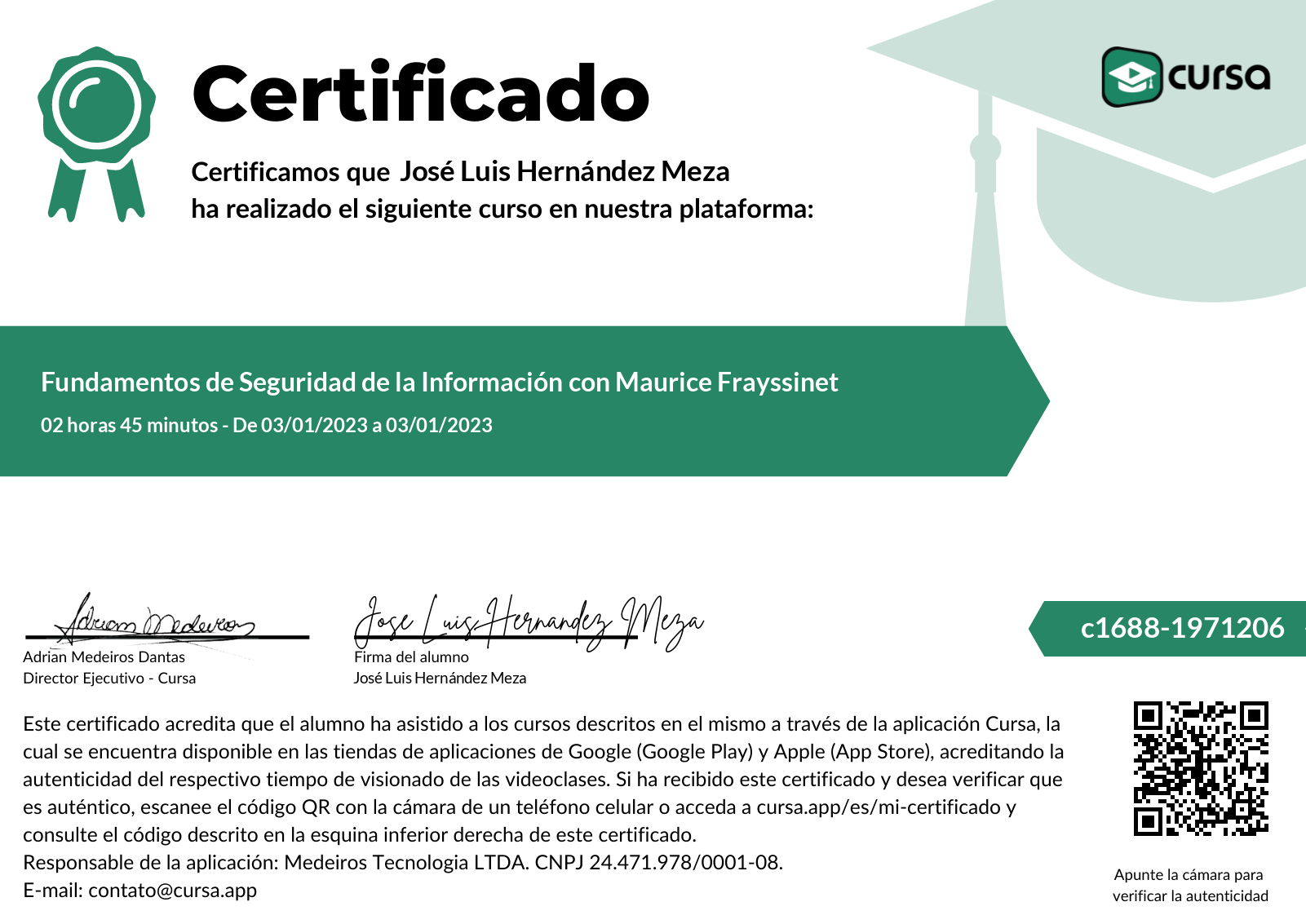 Imagen de mi Certificado de finalización del curso gratuito.