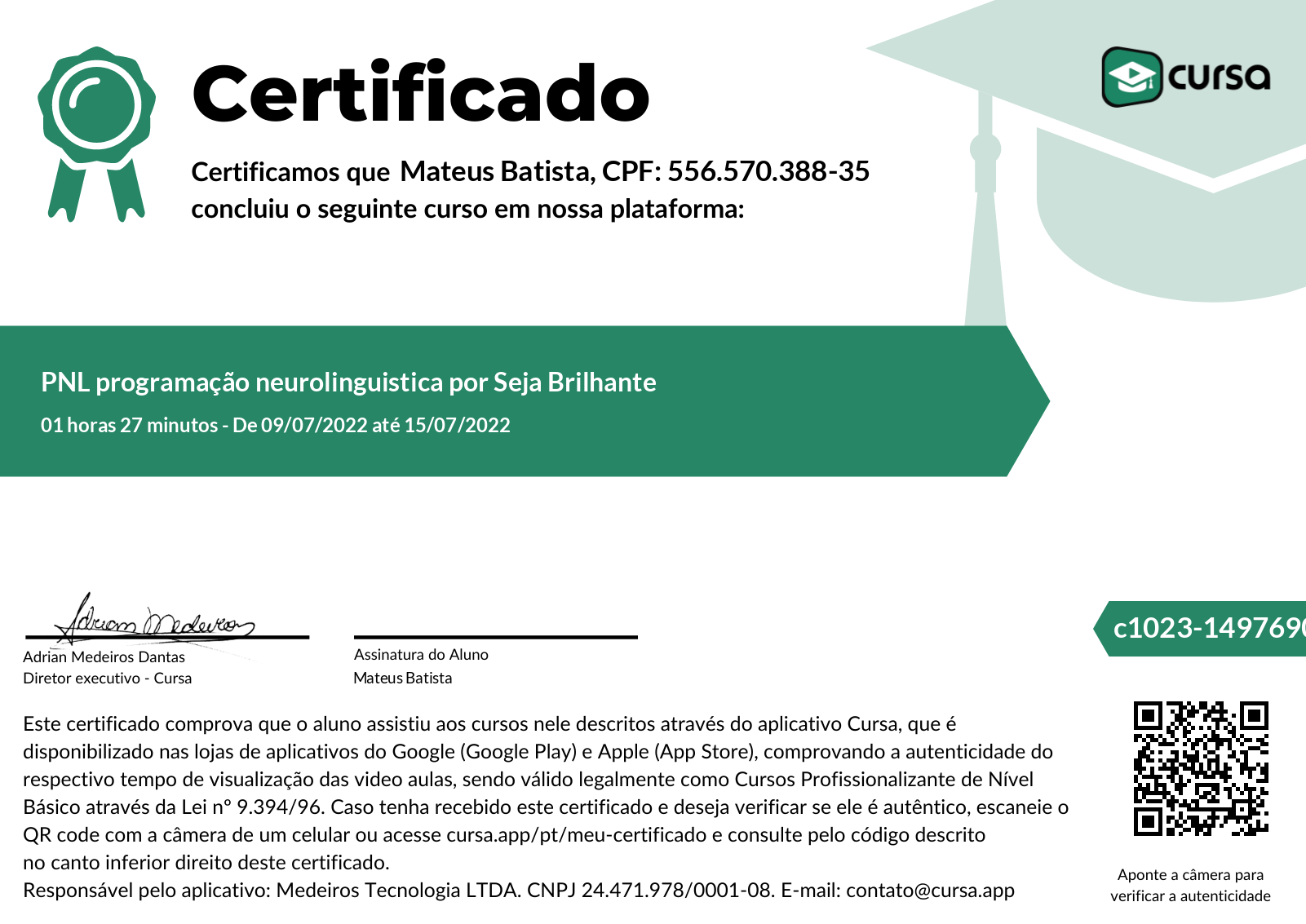 Imagem do meu Certificado gratuito de conclusão de curso.