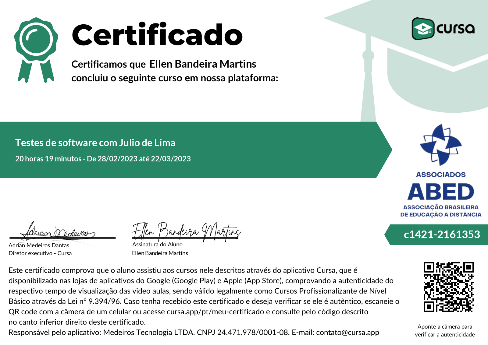 Imagem do meu Certificado gratuito de conclusão de curso.