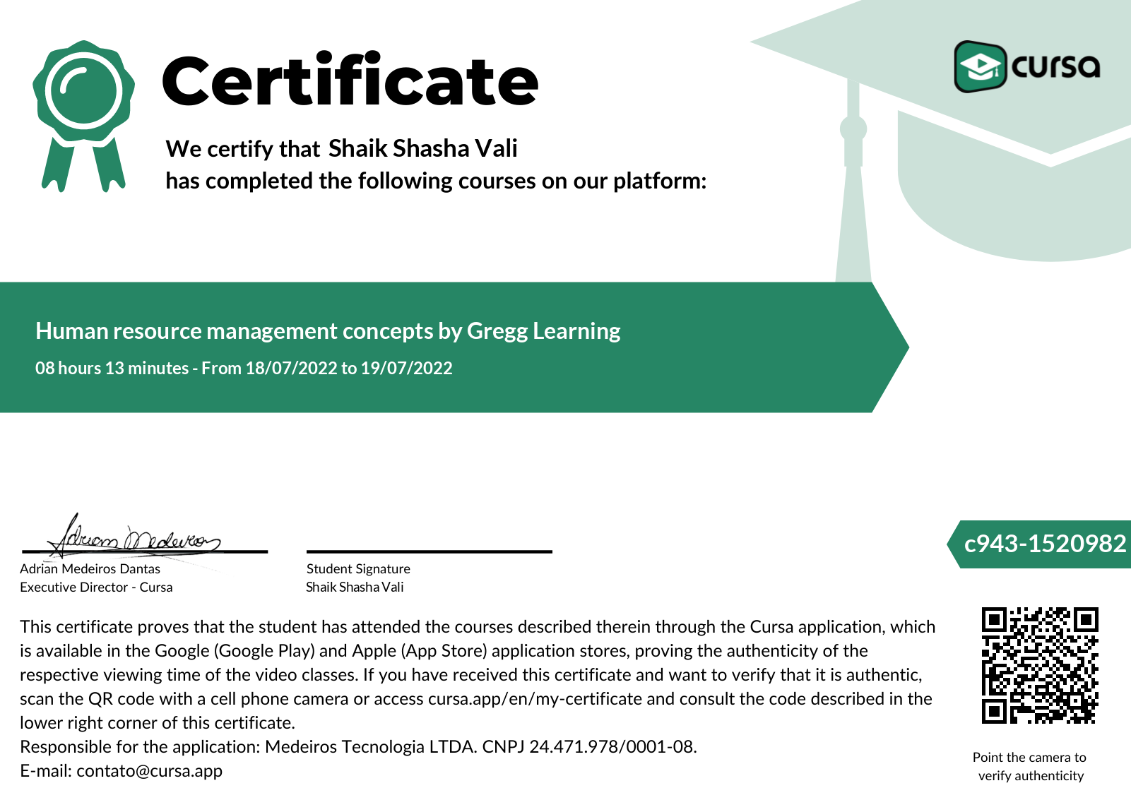 Image of my free Course Completion Certificate.