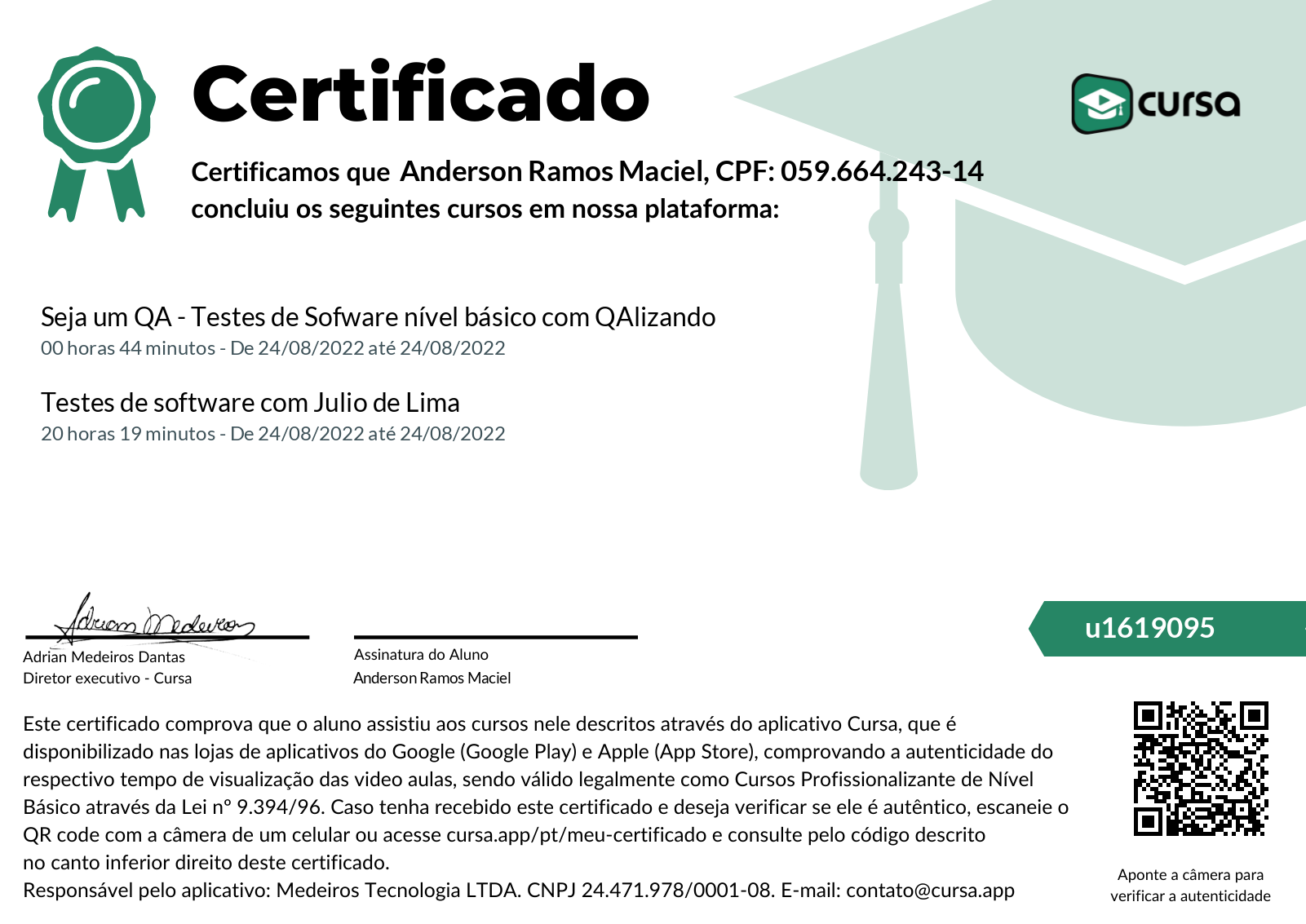 Imagem do meu Certificado gratuito de conclusão de curso.