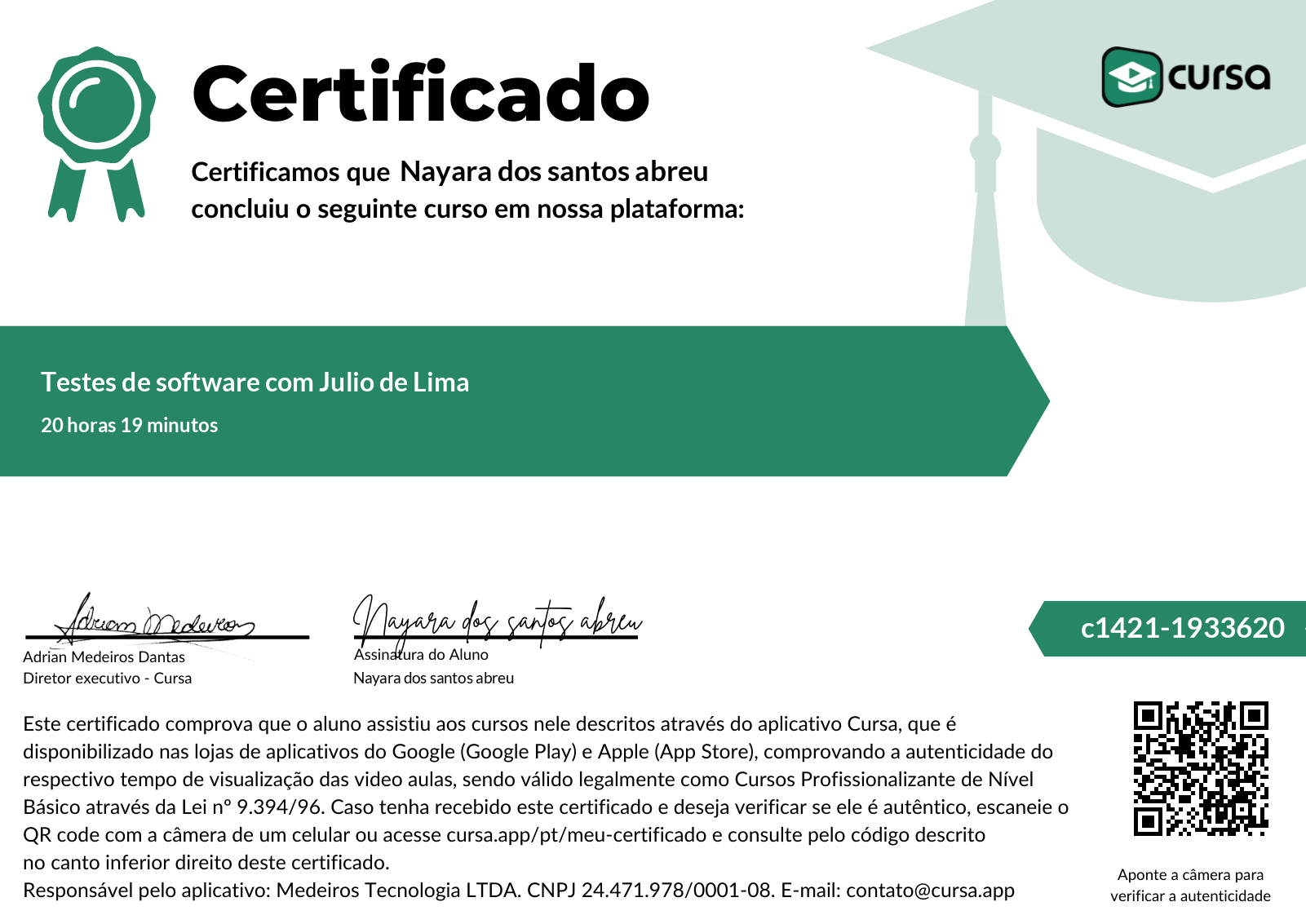 Imagem do meu Certificado gratuito de conclusão de curso.