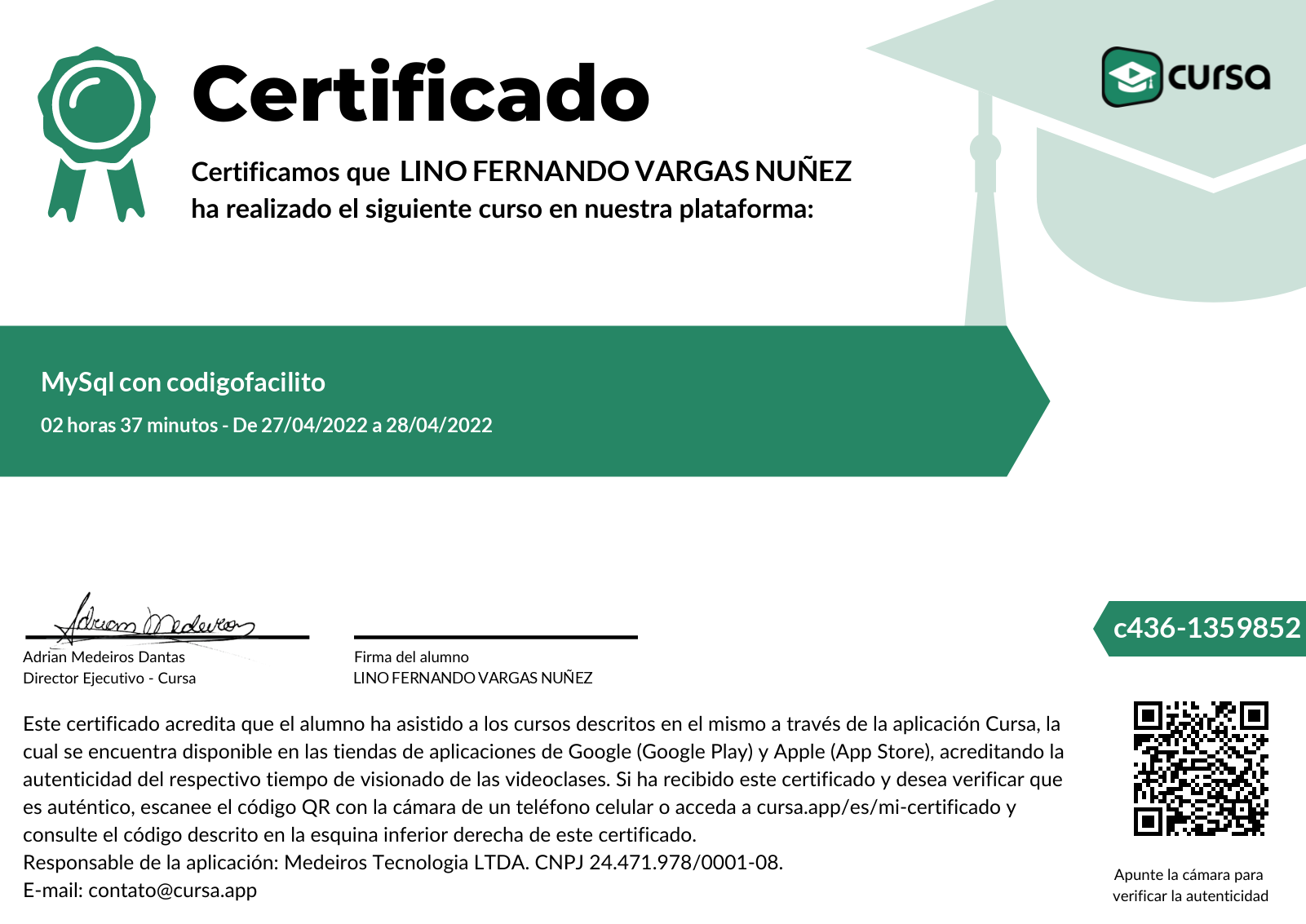 Imagen de mi Certificado de finalización del curso gratuito.