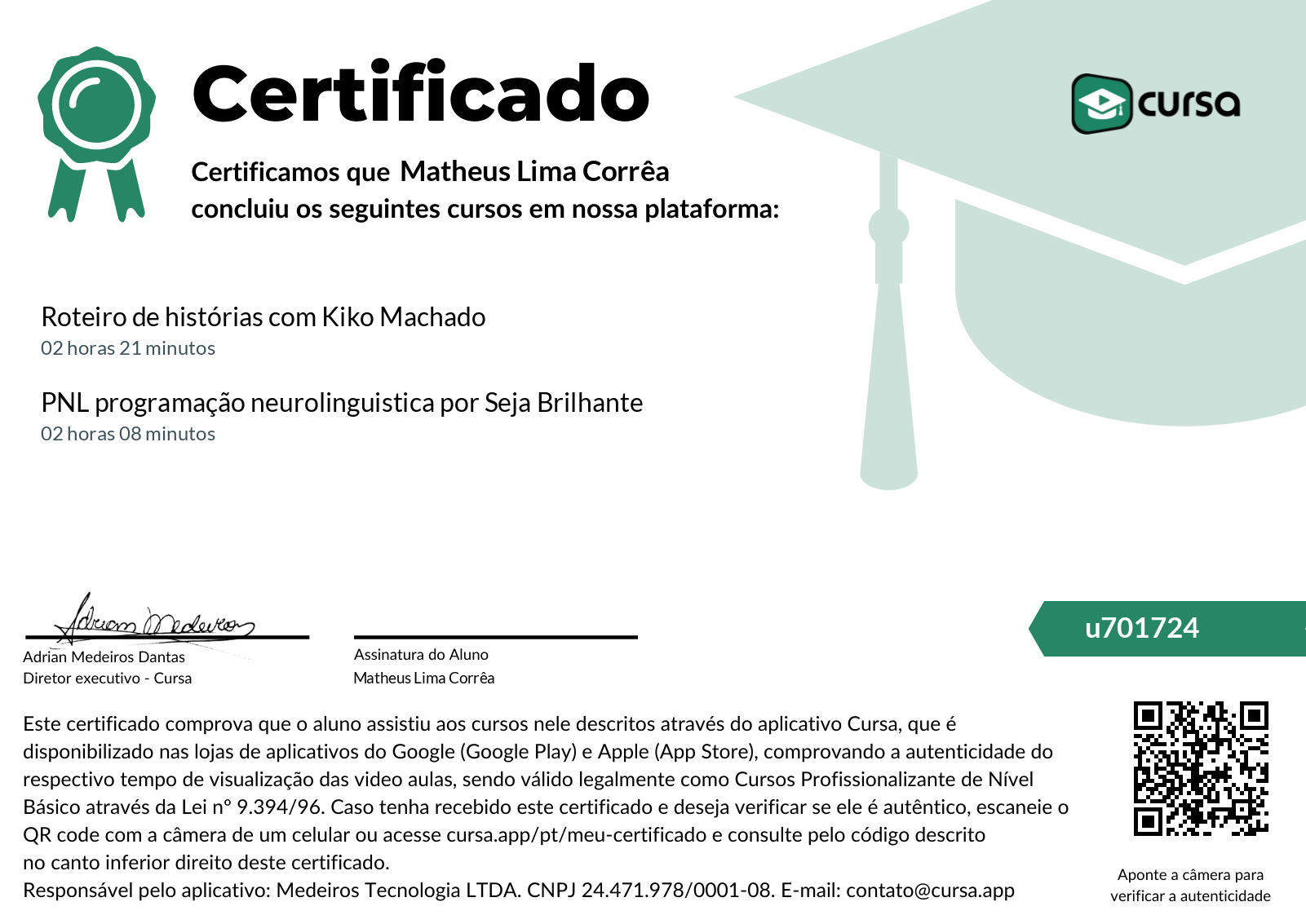 Imagem do meu Certificado gratuito de conclusão de curso.