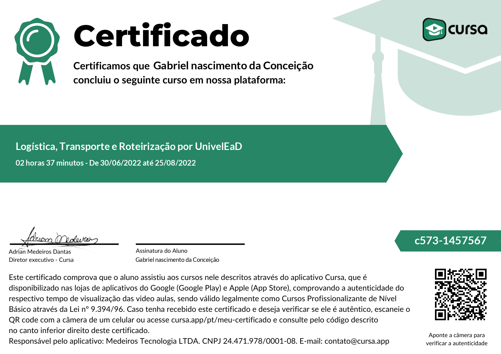 Imagem do meu Certificado gratuito de conclusão de curso.