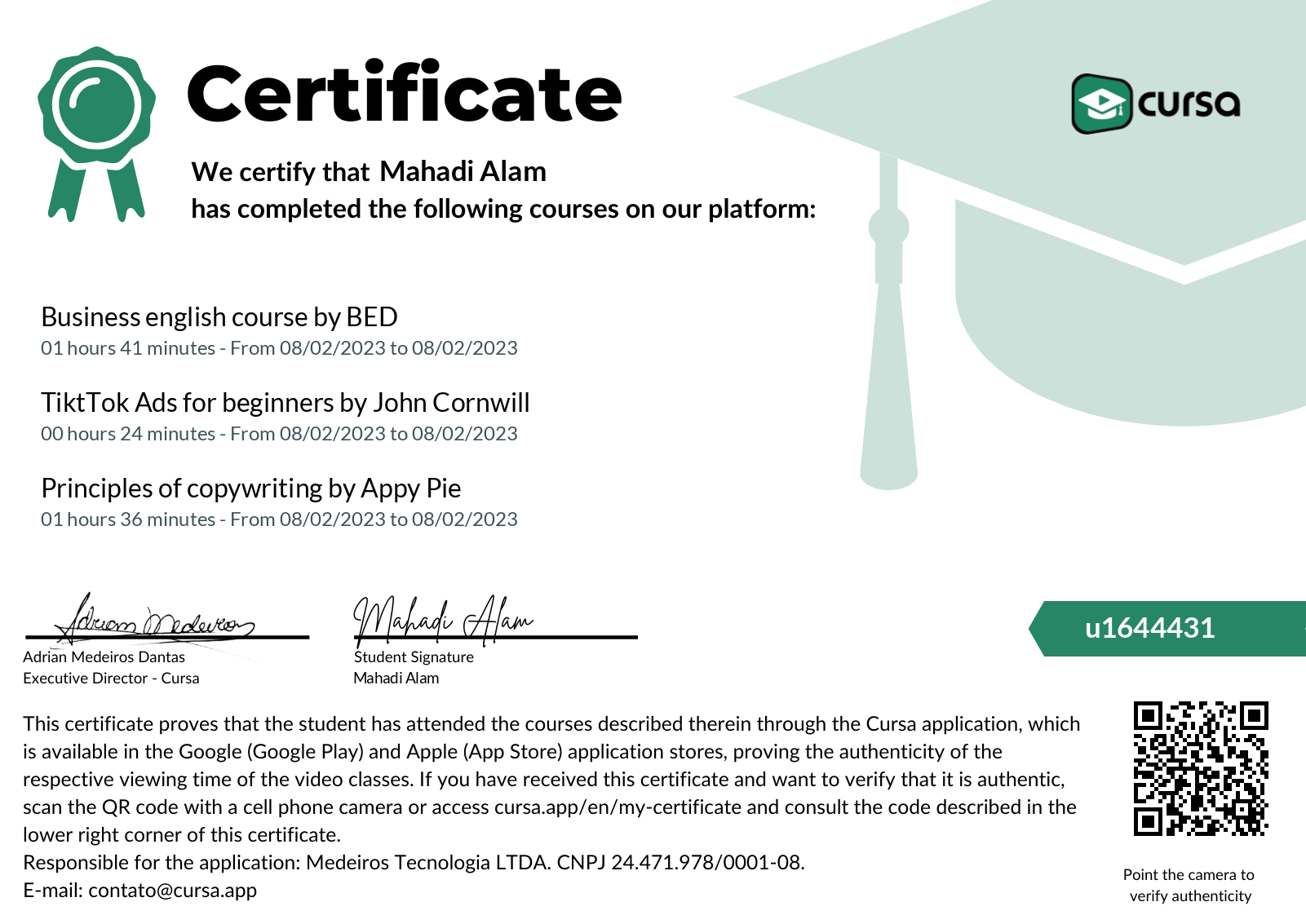 Image of my free Course Completion Certificate.
