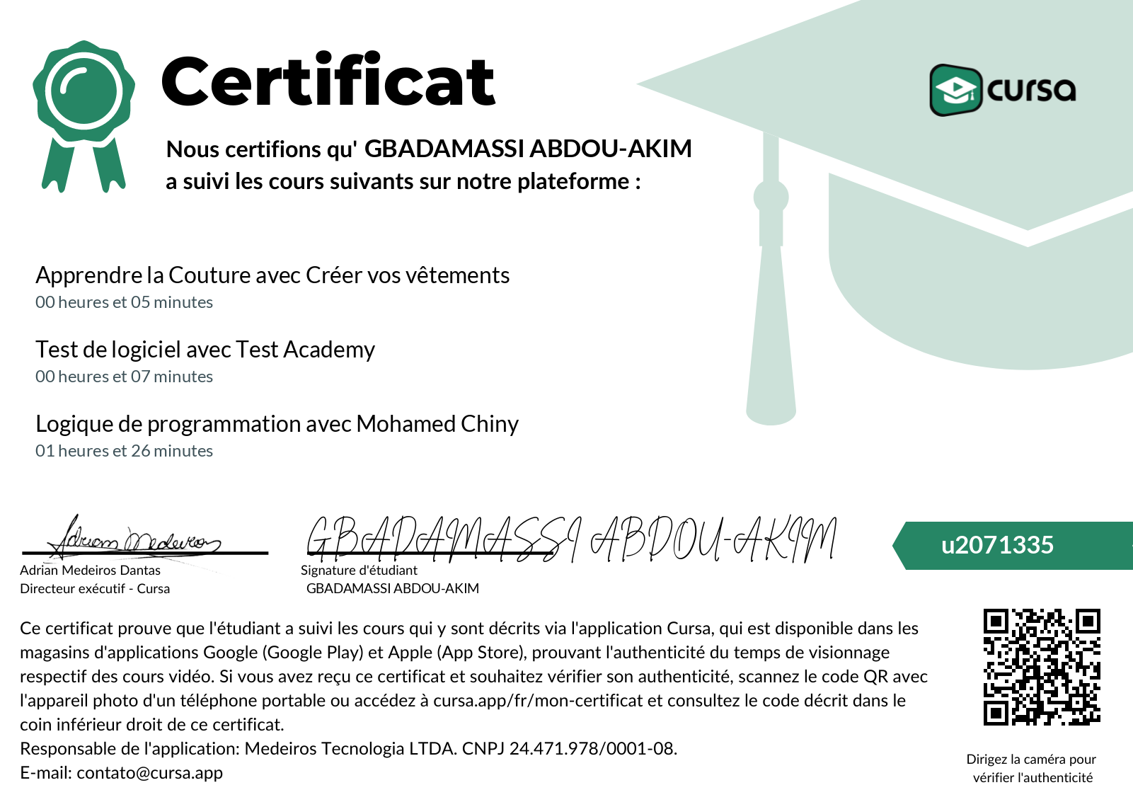 Image de mon certificat de fin de cours gratuit.