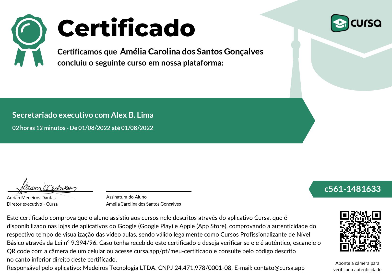 Imagem do meu Certificado gratuito de conclusão de curso.