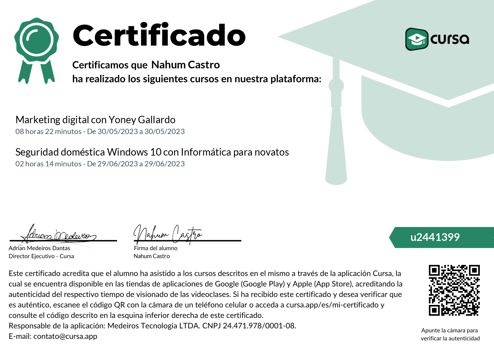 Imagen de mi Certificado de finalización del curso gratuito.