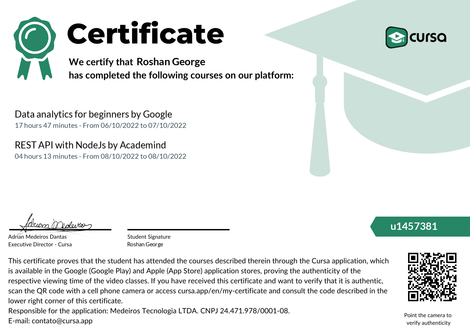 Image of my free Course Completion Certificate.