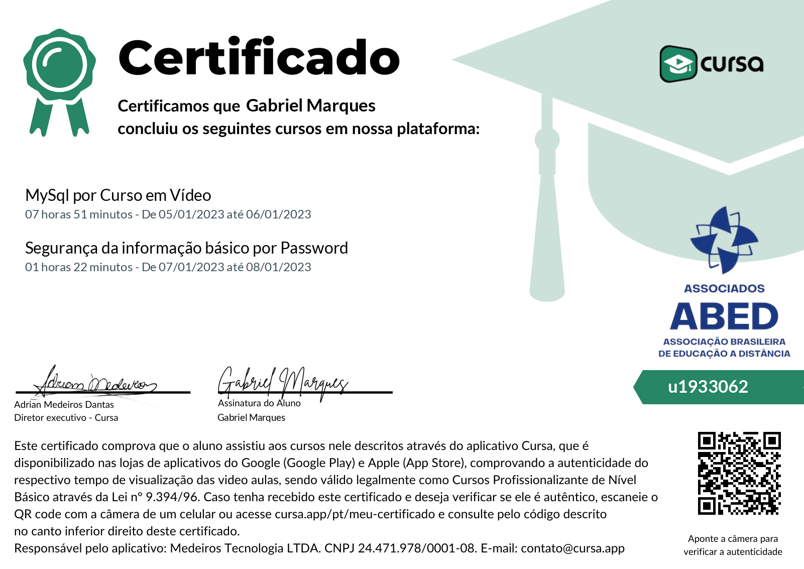 Imagem do meu Certificado gratuito de conclusão de curso.